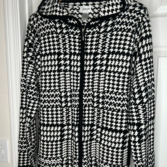 Chico’s  Sz 3 (16-18)  Women’s Jacket Hoodie Zipper Black/White Cotton/Silk - Picture 3 of 6
